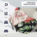 Coral Protea Flowers on Black Background Seamless Botanical Pattern  Personalised Custom Name Super Soft Fleece Blanket Bed Sofa Throw