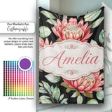 Coral Protea Flowers on Black Background Seamless Botanical Pattern  Personalised Custom Name Super Soft Fleece Blanket Bed Sofa Throw