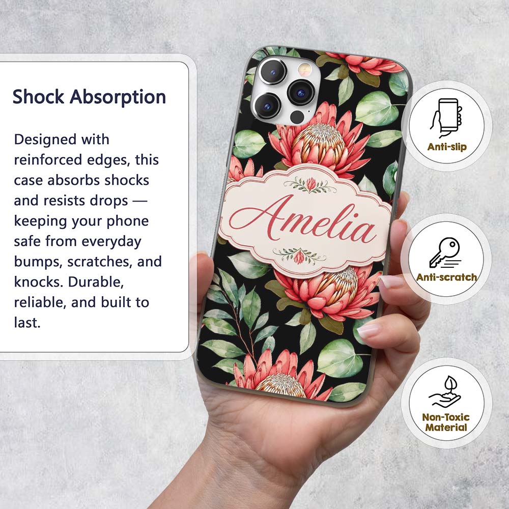 Coral Protea Flowers on Black Background Seamless Custom Name Protective Phone Case Mobile Cover Durable Everyday Smartphone Shock Resistant