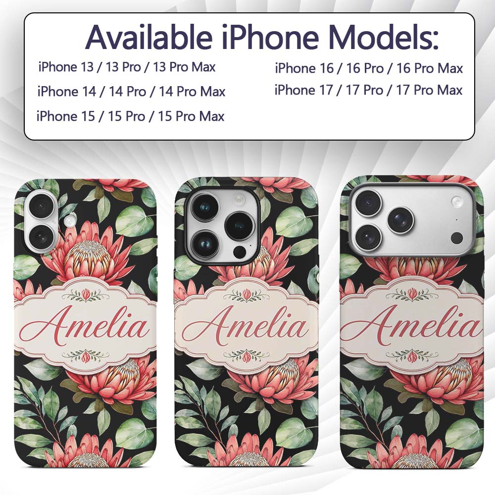 Coral Protea Flowers on Black Background Seamless Custom Name Protective Phone Case Mobile Cover Durable Everyday Smartphone Shock Resistant