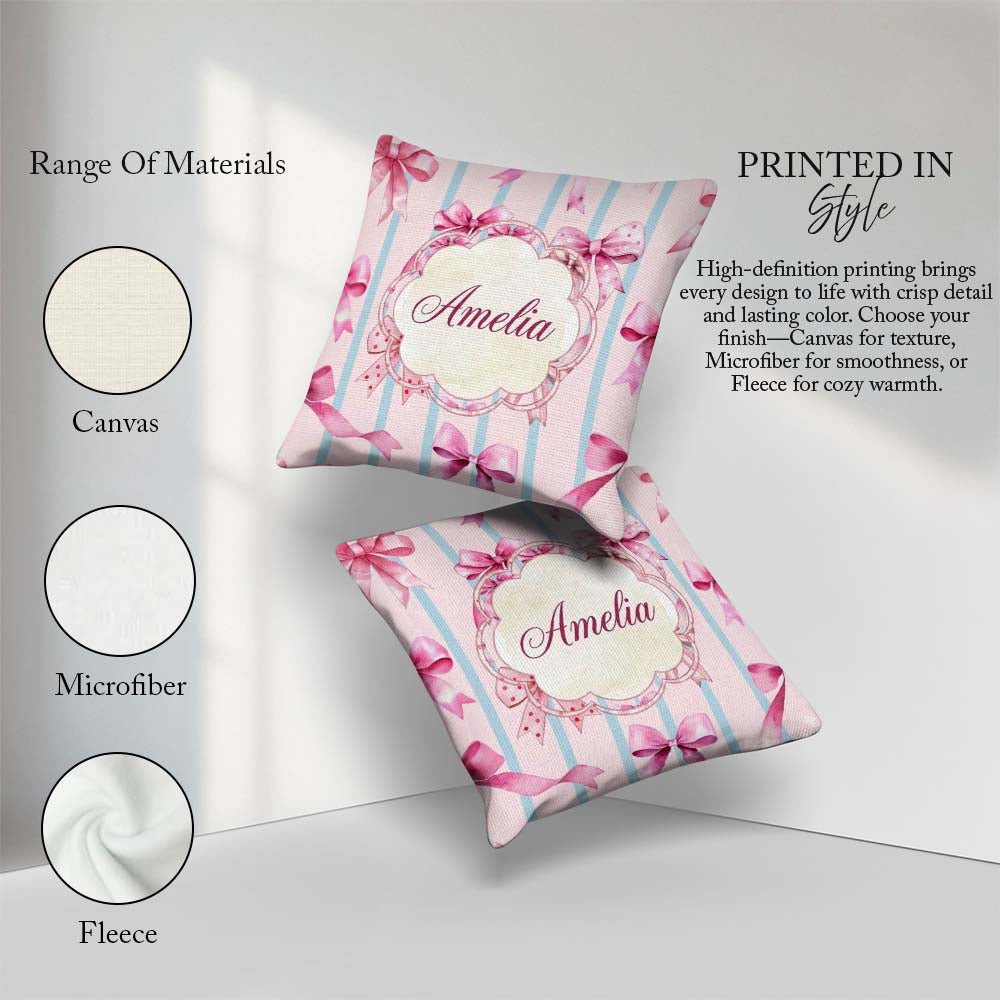 Custom Name Watercolor Pink Ribbon Bow Pattern with Blue Stripes Square Filled Cushion Throw Pillow Sofa Bed Home Decor Zip Washable UK Made