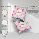 Custom Name Watercolor Pink Ribbon Bow Pattern with Blue Stripes Square Filled Cushion Throw Pillow Sofa Bed Home Decor Zip Washable UK Made
