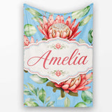 Coral Protea Flowers on Soft Blue Background Seamless Botanical  Personalised Custom Name Super Soft Fleece Blanket Bed Sofa Throw