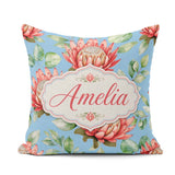 Custom Name Coral Protea Flowers on Soft Blue Seamless Botanical Square Filled Cushion Throw Pillow Sofa Bed Home Decor Zip Washable UK Made