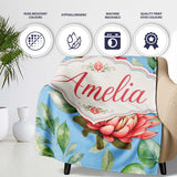 Coral Protea Flowers on Soft Blue Background Seamless Botanical  Personalised Custom Name Super Soft Fleece Blanket Bed Sofa Throw
