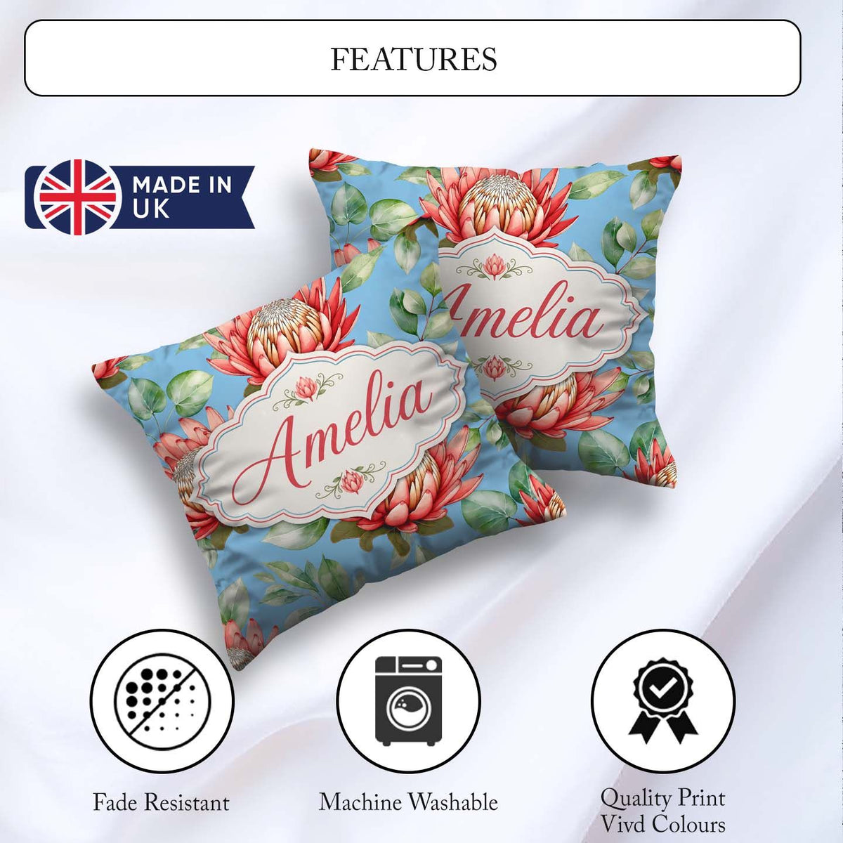 Custom Name Coral Protea Flowers on Soft Blue Seamless Botanical Square Filled Cushion Throw Pillow Sofa Bed Home Decor Zip Washable UK Made