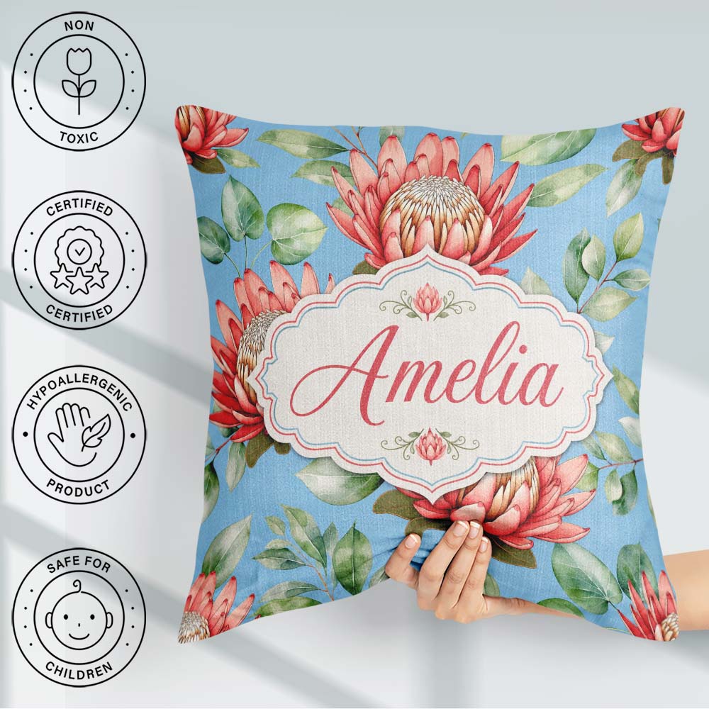 Custom Name Coral Protea Flowers on Soft Blue Seamless Botanical Square Filled Cushion Throw Pillow Sofa Bed Home Decor Zip Washable UK Made