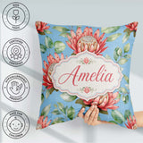 Custom Name Coral Protea Flowers on Soft Blue Seamless Botanical Square Filled Cushion Throw Pillow Sofa Bed Home Decor Zip Washable UK Made