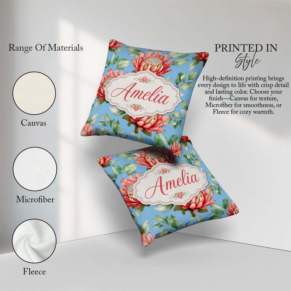 Custom Name Coral Protea Flowers on Soft Blue Seamless Botanical Square Filled Cushion Throw Pillow Sofa Bed Home Decor Zip Washable UK Made