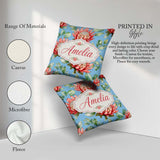 Custom Name Coral Protea Flowers on Soft Blue Seamless Botanical Square Filled Cushion Throw Pillow Sofa Bed Home Decor Zip Washable UK Made