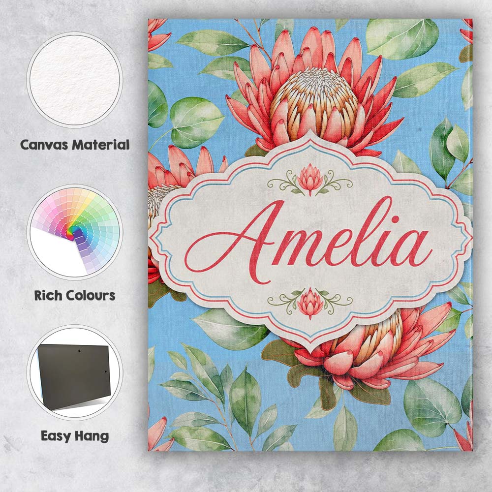 Personalised Name Coral Protea Flowers on Custom  Unique Gift Idea Elegant Feature Canvas Wall Art Print Decor Picture Ready to Hang