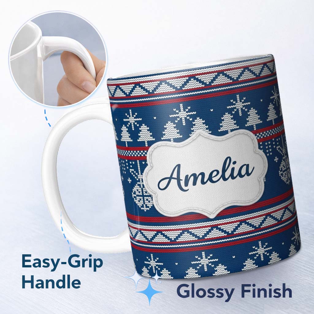 Personalized Custom Name Scandinavian Snowflake Ornament Knit Pattern Blue White Red Holiday 11oz Ceramic Coffee Tea Mug White Large Handle