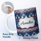 Personalized Custom Name Scandinavian Snowflake Ornament Knit Pattern Blue White Red Holiday 11oz Ceramic Coffee Tea Mug White Large Handle