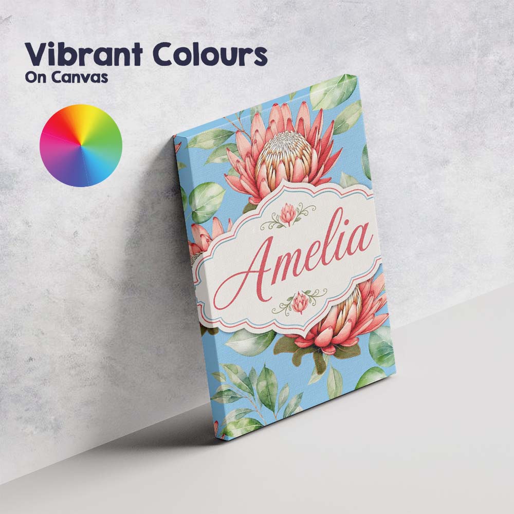 Personalised Name Coral Protea Flowers on Custom  Unique Gift Idea Elegant Feature Canvas Wall Art Print Decor Picture Ready to Hang