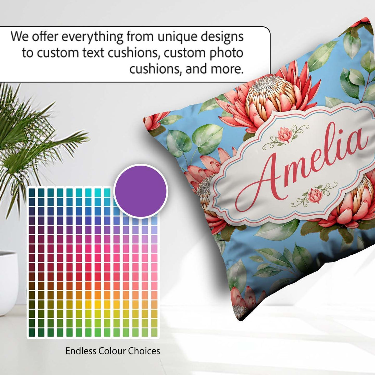 Custom Name Coral Protea Flowers on Soft Blue Seamless Botanical Square Filled Cushion Throw Pillow Sofa Bed Home Decor Zip Washable UK Made