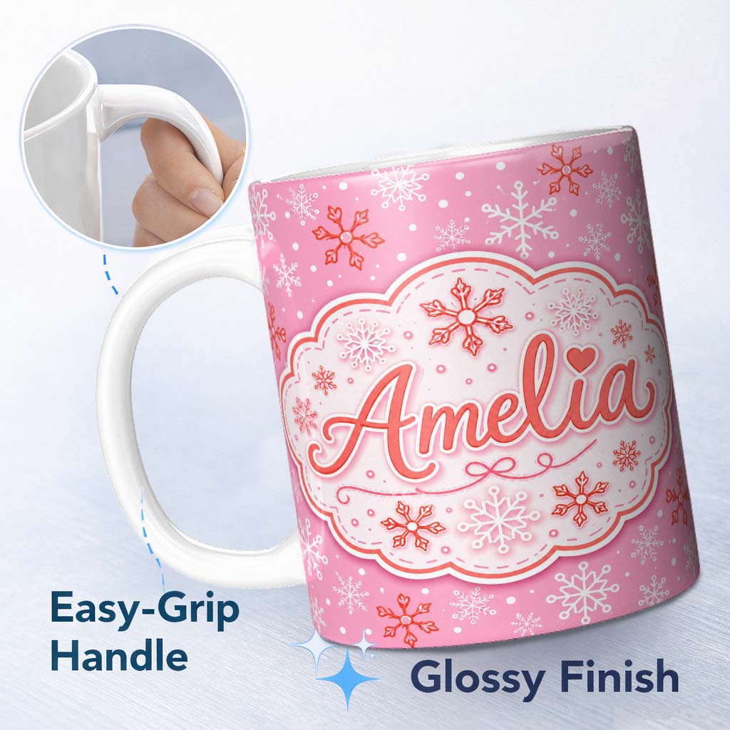 Personalized Custom Name Pink Red White Snowflake Winter Seamless Pattern Cute Unique Gift 11oz Ceramic Coffee Tea Mug White Large Handle