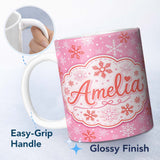 Personalized Custom Name Pink Red White Snowflake Winter Seamless Pattern Cute Unique Gift 11oz Ceramic Coffee Tea Mug White Large Handle