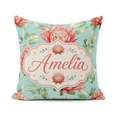 Custom Name Protea Flowers on Teal Background Seamless Botanical Square Filled Cushion Throw Pillow Sofa Bed Home Decor Zip Washable UK Made