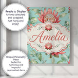 Personalised Name Coral Protea Flowers on Custom  Unique Gift Idea Elegant Feature Canvas Wall Art Print Decor Picture Ready to Hang