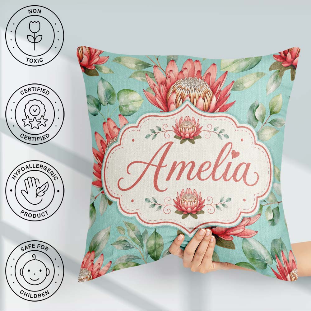 Custom Name Protea Flowers on Teal Background Seamless Botanical Square Filled Cushion Throw Pillow Sofa Bed Home Decor Zip Washable UK Made