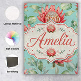 Personalised Name Coral Protea Flowers on Custom  Unique Gift Idea Elegant Feature Canvas Wall Art Print Decor Picture Ready to Hang
