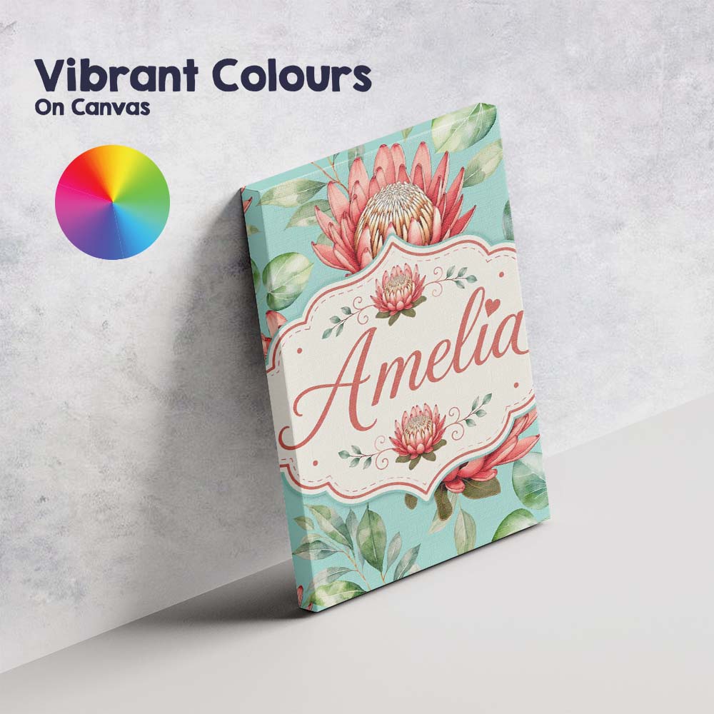 Personalised Name Coral Protea Flowers on Custom  Unique Gift Idea Elegant Feature Canvas Wall Art Print Decor Picture Ready to Hang