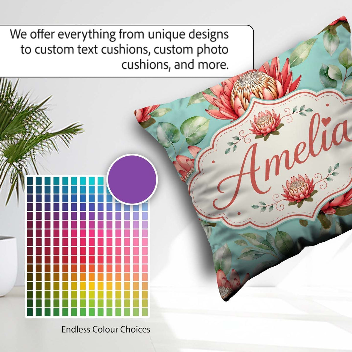 Custom Name Protea Flowers on Teal Background Seamless Botanical Square Filled Cushion Throw Pillow Sofa Bed Home Decor Zip Washable UK Made