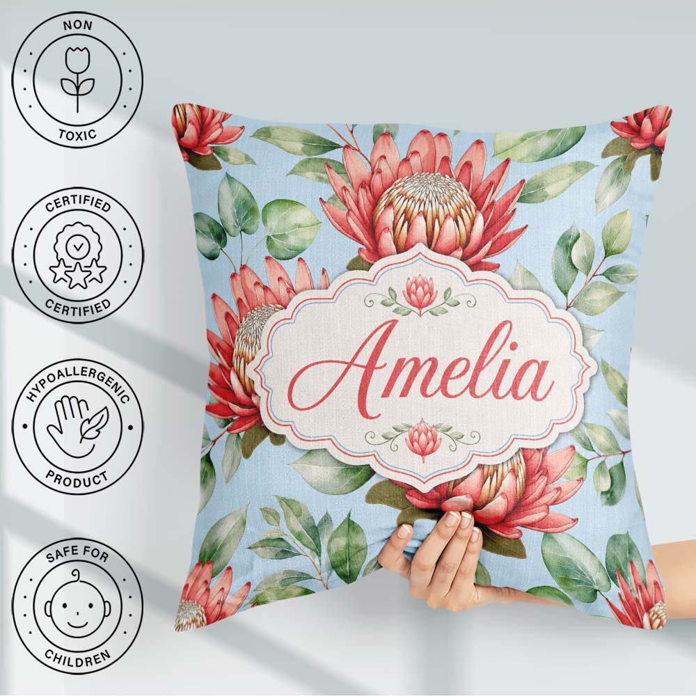 Custom Name Coral Protea Flowers on Sky Blue Background Seamless Square Filled Cushion Throw Pillow Sofa Bed Home Decor Zip Washable UK Made