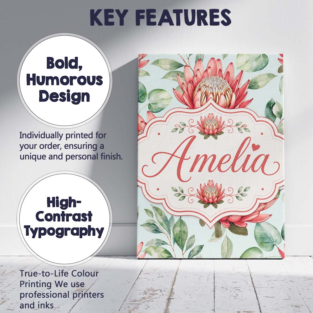 Personalised Name Coral Protea Flowers on Custom  Unique Gift Idea Elegant Feature Canvas Wall Art Print Decor Picture Ready to Hang