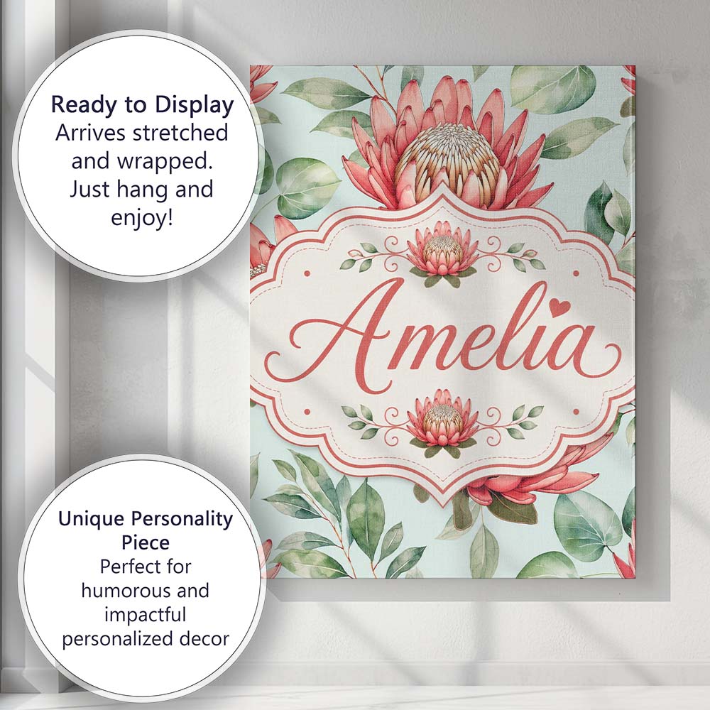 Personalised Name Coral Protea Flowers on Custom  Unique Gift Idea Elegant Feature Canvas Wall Art Print Decor Picture Ready to Hang