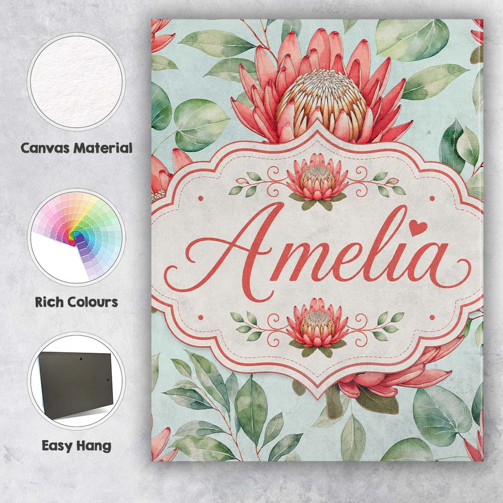 Personalised Name Coral Protea Flowers on Custom  Unique Gift Idea Elegant Feature Canvas Wall Art Print Decor Picture Ready to Hang