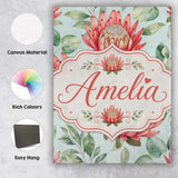 Personalised Name Coral Protea Flowers on Custom  Unique Gift Idea Elegant Feature Canvas Wall Art Print Decor Picture Ready to Hang
