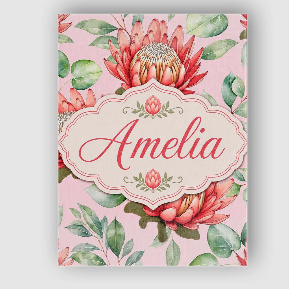 Personalised Name Coral Protea Flowers on Custom  Unique Gift Idea Elegant Feature Canvas Wall Art Print Decor Picture Ready to Hang