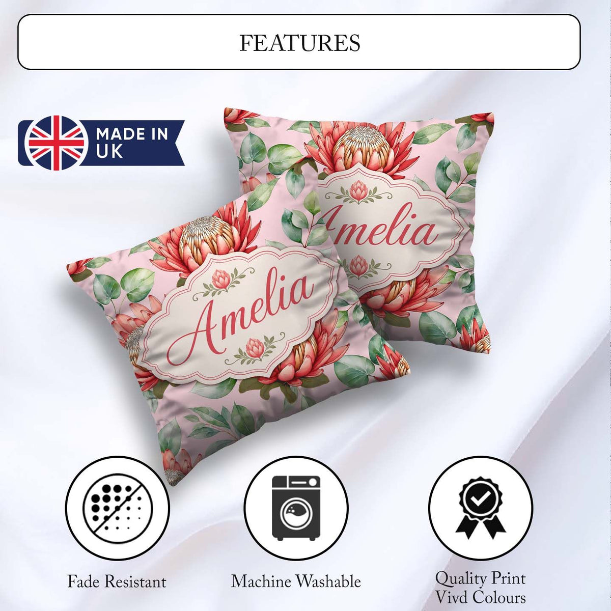 Custom Name Coral Protea Flowers Blush Pink Background Botanical Square Filled Cushion Throw Pillow Sofa Bed Home Decor Zip Washable UK Made