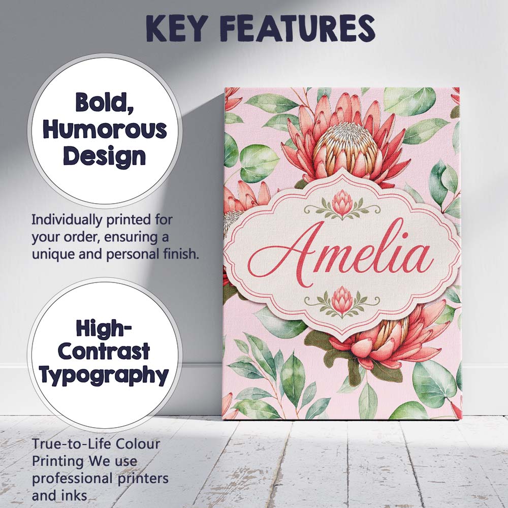 Personalised Name Coral Protea Flowers on Custom  Unique Gift Idea Elegant Feature Canvas Wall Art Print Decor Picture Ready to Hang