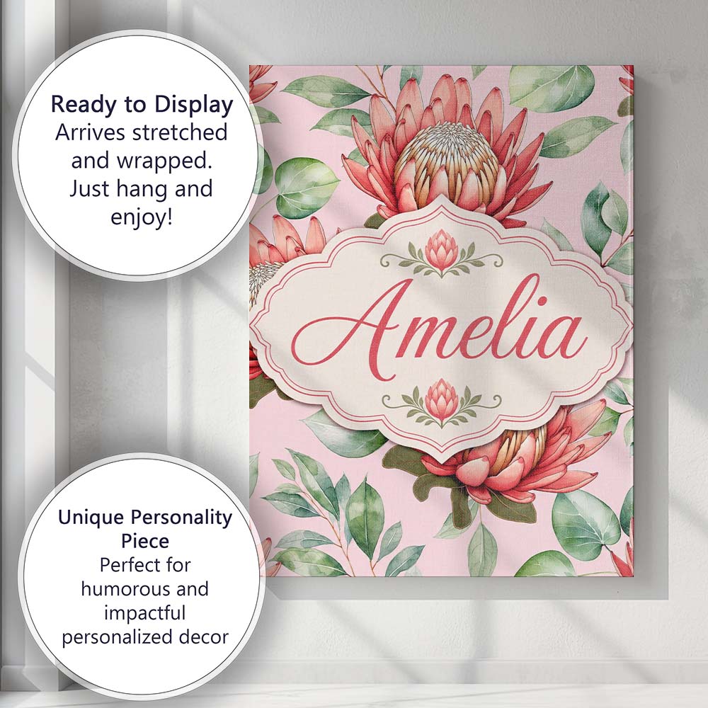 Personalised Name Coral Protea Flowers on Custom  Unique Gift Idea Elegant Feature Canvas Wall Art Print Decor Picture Ready to Hang