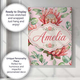 Personalised Name Coral Protea Flowers on Custom  Unique Gift Idea Elegant Feature Canvas Wall Art Print Decor Picture Ready to Hang