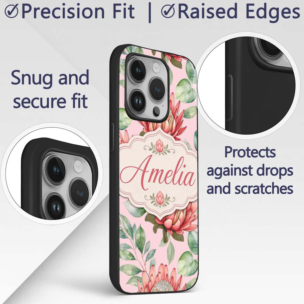 Coral Protea Flowers on Blush Pink Background Custom Name Protective Phone Case Mobile Cover Durable Everyday Smartphone Shock Resistant