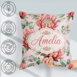 Custom Name Coral Protea Flowers Blush Pink Background Botanical Square Filled Cushion Throw Pillow Sofa Bed Home Decor Zip Washable UK Made