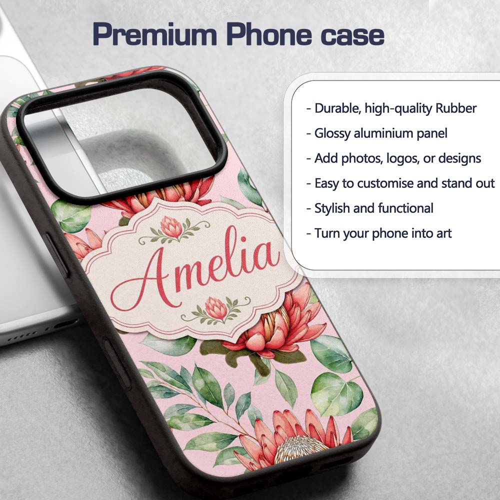 Coral Protea Flowers on Blush Pink Background Custom Name Protective Phone Case Mobile Cover Durable Everyday Smartphone Shock Resistant