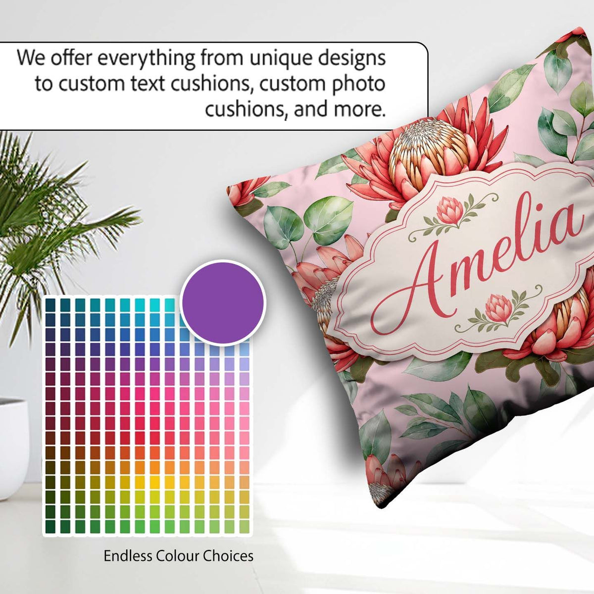Custom Name Coral Protea Flowers Blush Pink Background Botanical Square Filled Cushion Throw Pillow Sofa Bed Home Decor Zip Washable UK Made