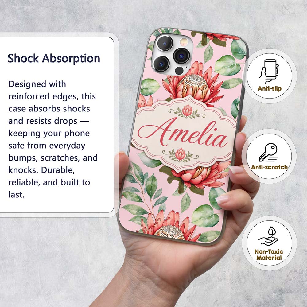 Coral Protea Flowers on Blush Pink Background Custom Name Protective Phone Case Mobile Cover Durable Everyday Smartphone Shock Resistant