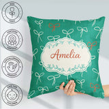 Custom Name Minimal Bow Line Art Green Background Cute Seamless Square Filled Cushion Throw Pillow Sofa Bed Home Decor Zip Washable UK Made