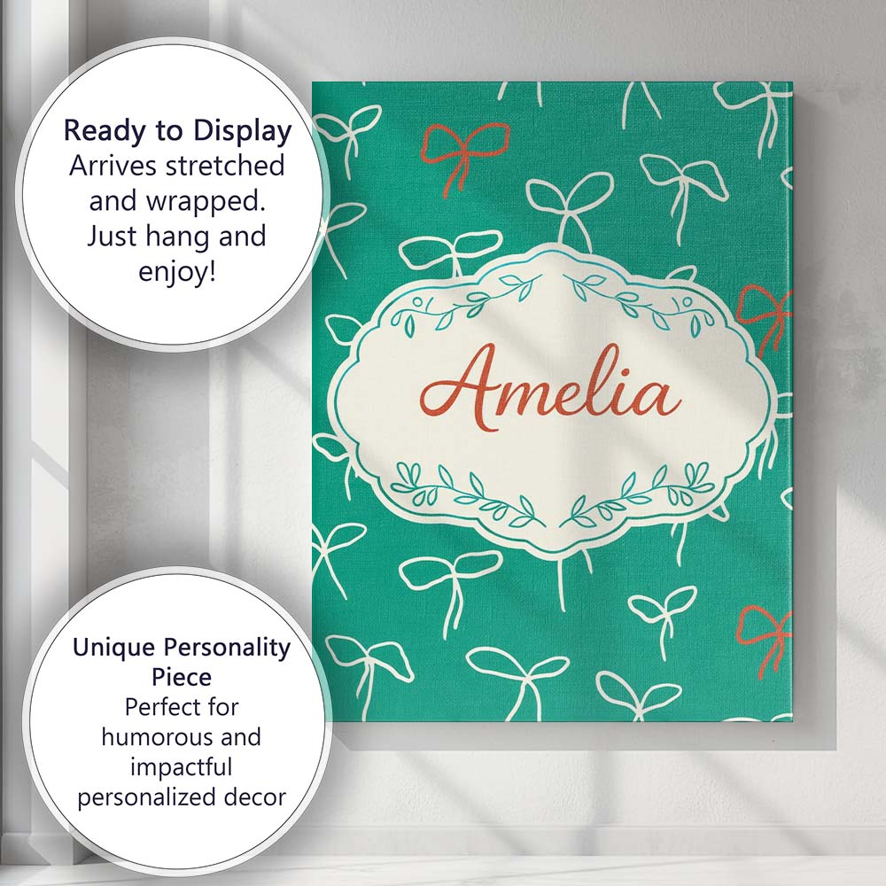 Personalised Name Minimal Bow Line Green Background Cute Seamless Custom Bespoke  Canvas Wall Art Print Decor Picture Ready to Hang