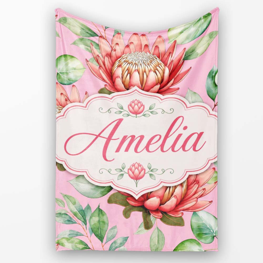 Coral Protea Flowers on Rose Pink Background Seamless Botanical  Personalised Custom Name Super Soft Fleece Blanket Bed Sofa Throw