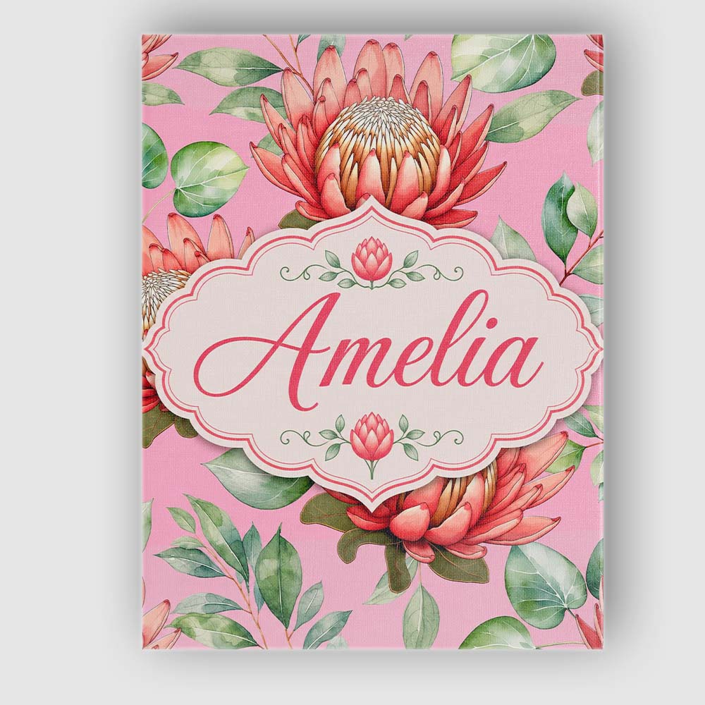 Personalised Name Coral Protea Flowers on Custom  Unique Gift Idea Elegant Feature Canvas Wall Art Print Decor Picture Ready to Hang
