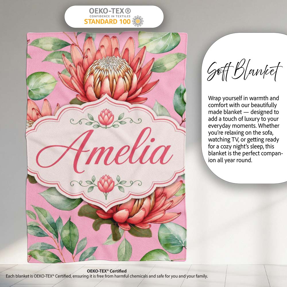 Coral Protea Flowers on Rose Pink Background Seamless Botanical  Personalised Custom Name Super Soft Fleece Blanket Bed Sofa Throw