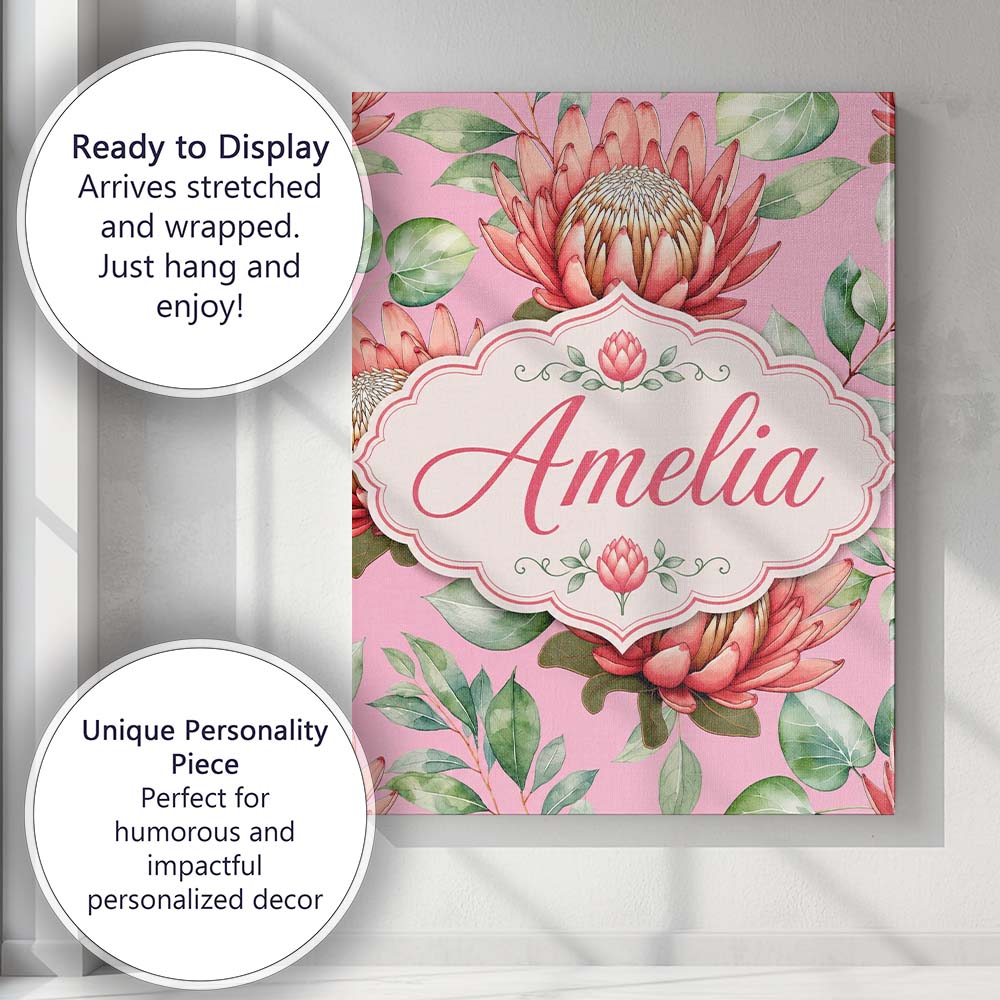 Personalised Name Coral Protea Flowers on Custom  Unique Gift Idea Elegant Feature Canvas Wall Art Print Decor Picture Ready to Hang