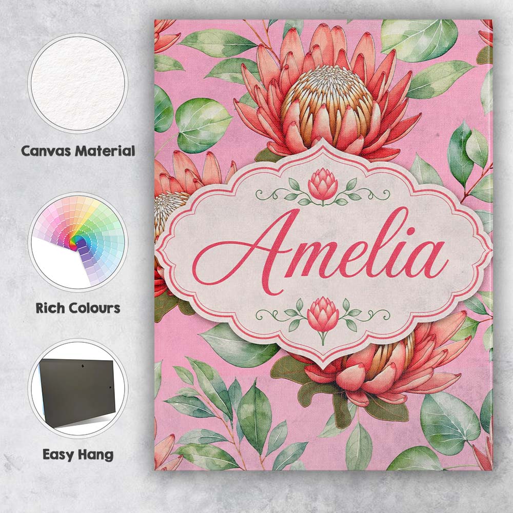 Personalised Name Coral Protea Flowers on Custom  Unique Gift Idea Elegant Feature Canvas Wall Art Print Decor Picture Ready to Hang