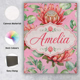 Personalised Name Coral Protea Flowers on Custom  Unique Gift Idea Elegant Feature Canvas Wall Art Print Decor Picture Ready to Hang